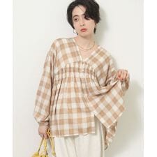 【しゃれシャツ】イージーケアVネックチェックブラウス