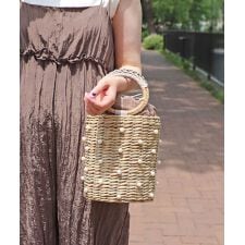 【デイリー/カゴバッグ/コンパクト】パール装飾筒型かごトートバッグ