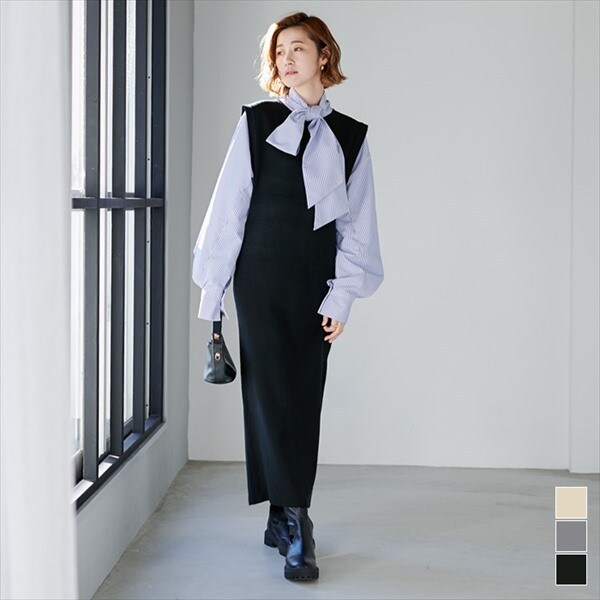 新作Zip up cocoon OP ブラックニットワンピースロング38