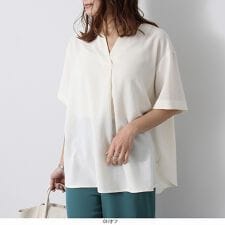 フルールbyミントブリーズ(fleur by mint breeze)の【大きいサイズ】麻調 ノーカラー スキッパー シャツ