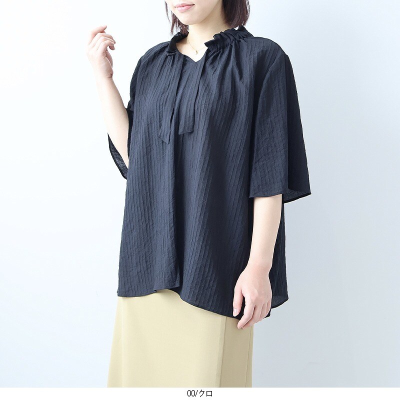 L〜5L 接触冷感 ドビーチェック 後ろフリル ブラウス 大きいサイズ レディース 夏 半袖 冷たい 涼しい ひんやりfleur by mint breeze  返品交換不可 fleur by mint breeze ブラウス シャツ 「L〜5L 大きいサイズ