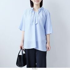 【fleur】【Ｌ～５Ｌ】ドビーストライプフリルカラーブラウス