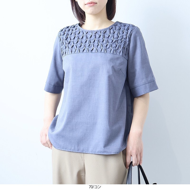 【fleur】【Ｌ〜５Ｌ】【接触冷感】ドビーチェックバックフリルブラウス fleur】【L～5L】【接触冷感】ドビーチェックバックフリル