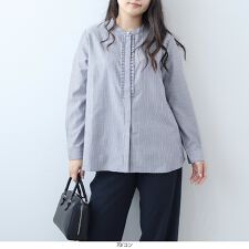 【大きいサイズ】バンドカラーフロントフリルシャツ