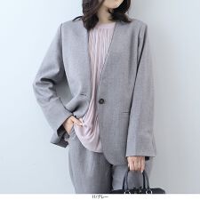 【大きいサイズ】【セットアップ・多機能】ウール調シャークパイピングノーカラージャケット