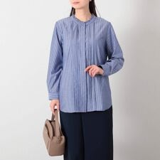 【大きいサイズ】クリアローンフロントピンタックバンドカラーシャツ