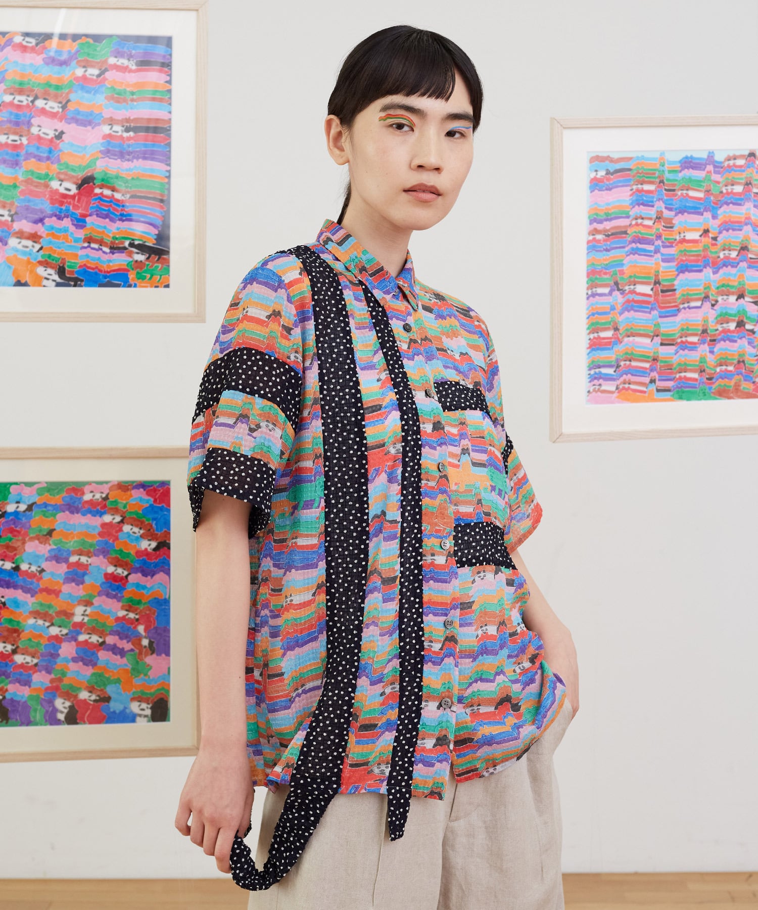 フラボア／日本製 異素材切り替え パッチワーク風ブラウス 長袖フリンジカラフル FRAPBOIS パッチワークデザイン 長袖シャツ フラボア／日本製 異素材