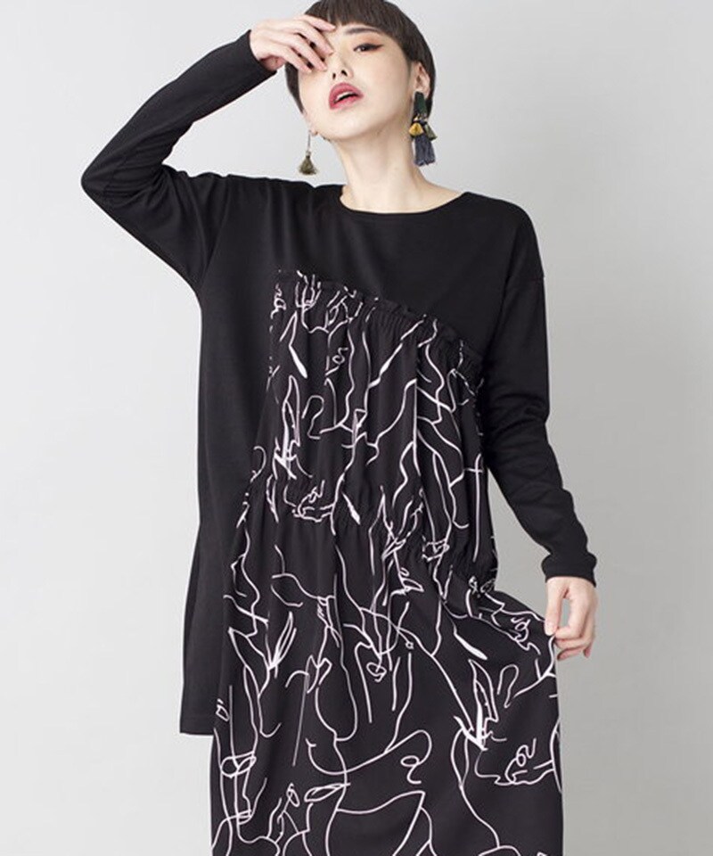 オズモーシス プリント切替タックギャザーロングTシャツ OSMOSIS（オズモーシス）プリント切替タックギャザーロングT