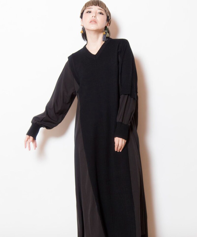 LEJA 配色パイピングレーススパンコール 刺繍パフスリーブフレアドレス LEJA】配色パイピングレーススパンコール刺繍パフスリーブフレ