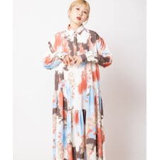 プリント切替ギャザーシャツワンピース