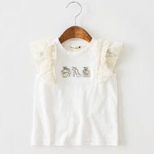 モチーフ刺繍肩フリルTシャツ