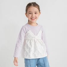 【おそろい】リボン柄ドッキング長袖Tシャツ