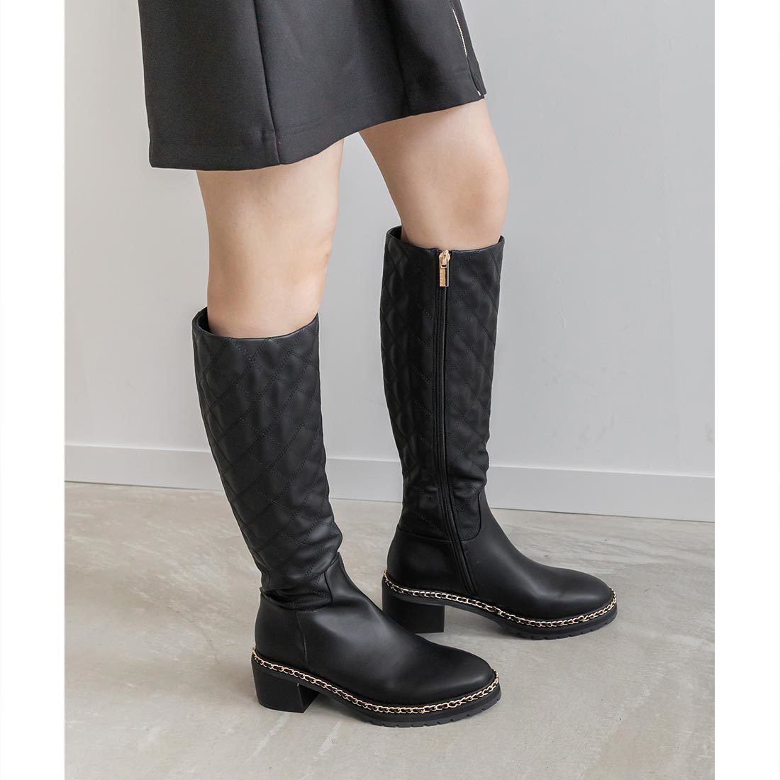 22.5-25.5】晴雨兼用 キルティング×チェーンロングブーツ