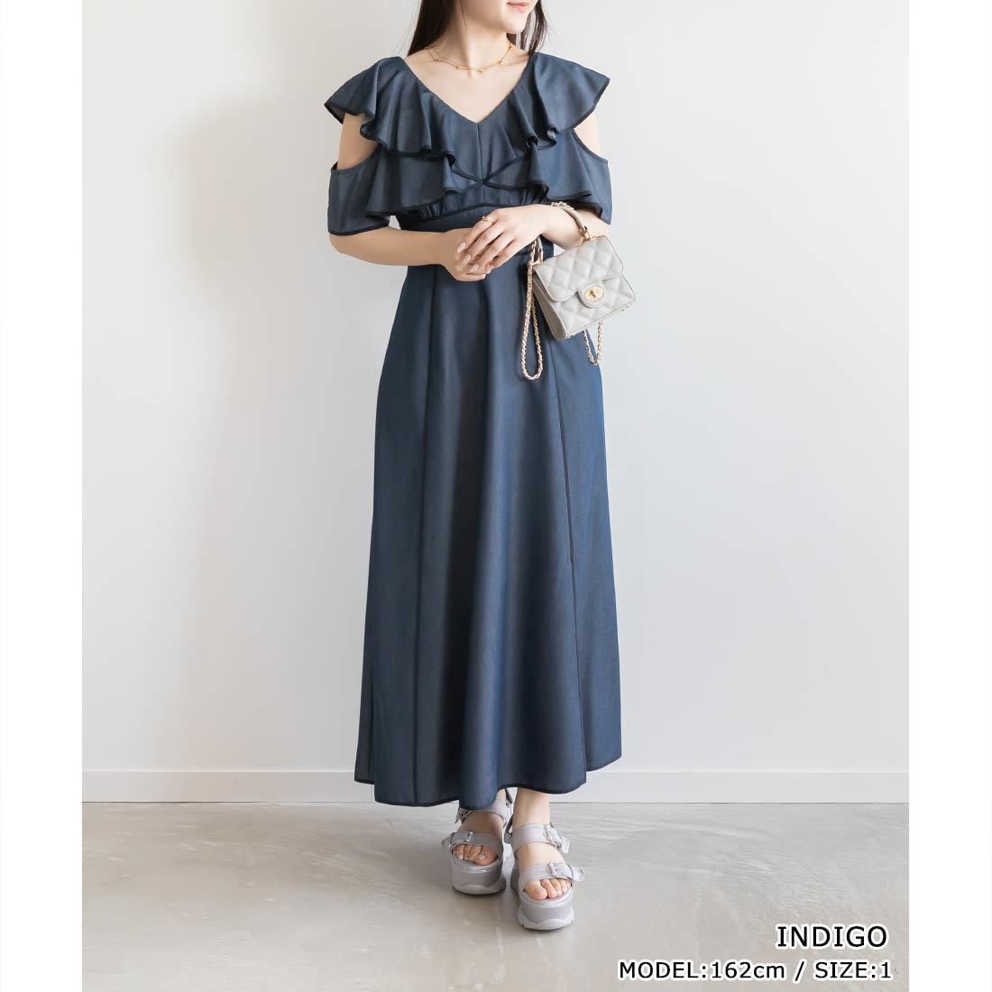 【美品】RANDA ランダ 2wayスリーブギャザーデザインワンピース ネイビー RANDA（ランダ）の「2WAYスリーブギャザーデザインワンピース