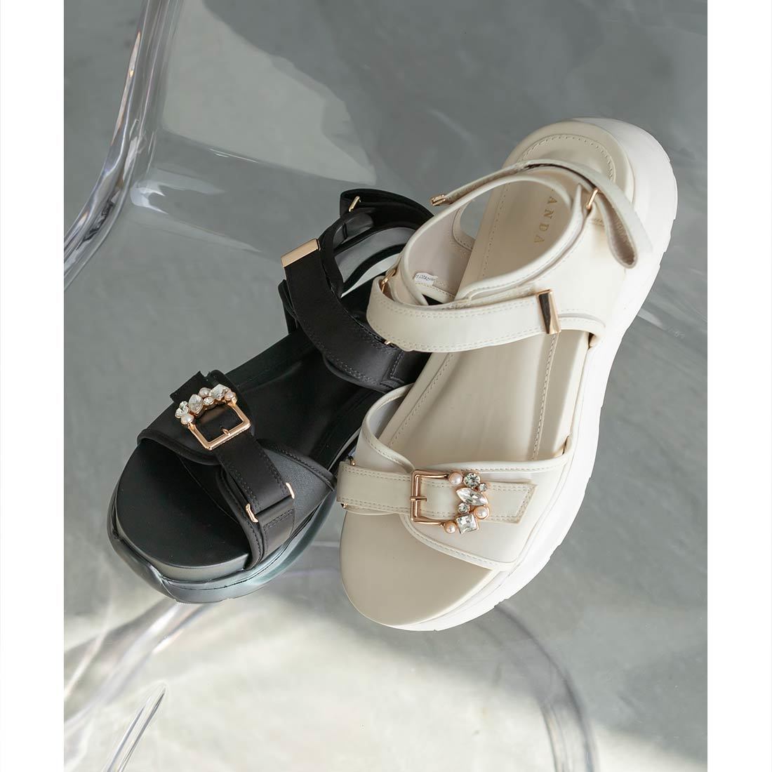 ランダ（RANDA）/【22．5−25．5】コンビマテリアル ビジューバックルサンダル 22.5-25.5】コンビマテリアル ビジューバックルサンダル | ランダ