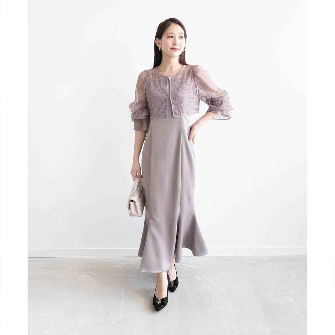 LEJAパールネックパフスリーブボレロ格子レースワンピースドレス　結婚式お呼ばれ Leja（レジャ）の「【LEJA】パールネックパフスリーブボレロ格子