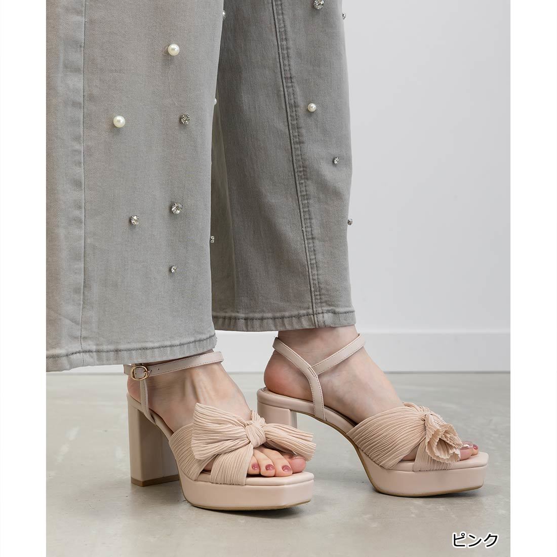 25春夏新作＞【22.5-25.5】プリーツリボンデザインヒールサンダル