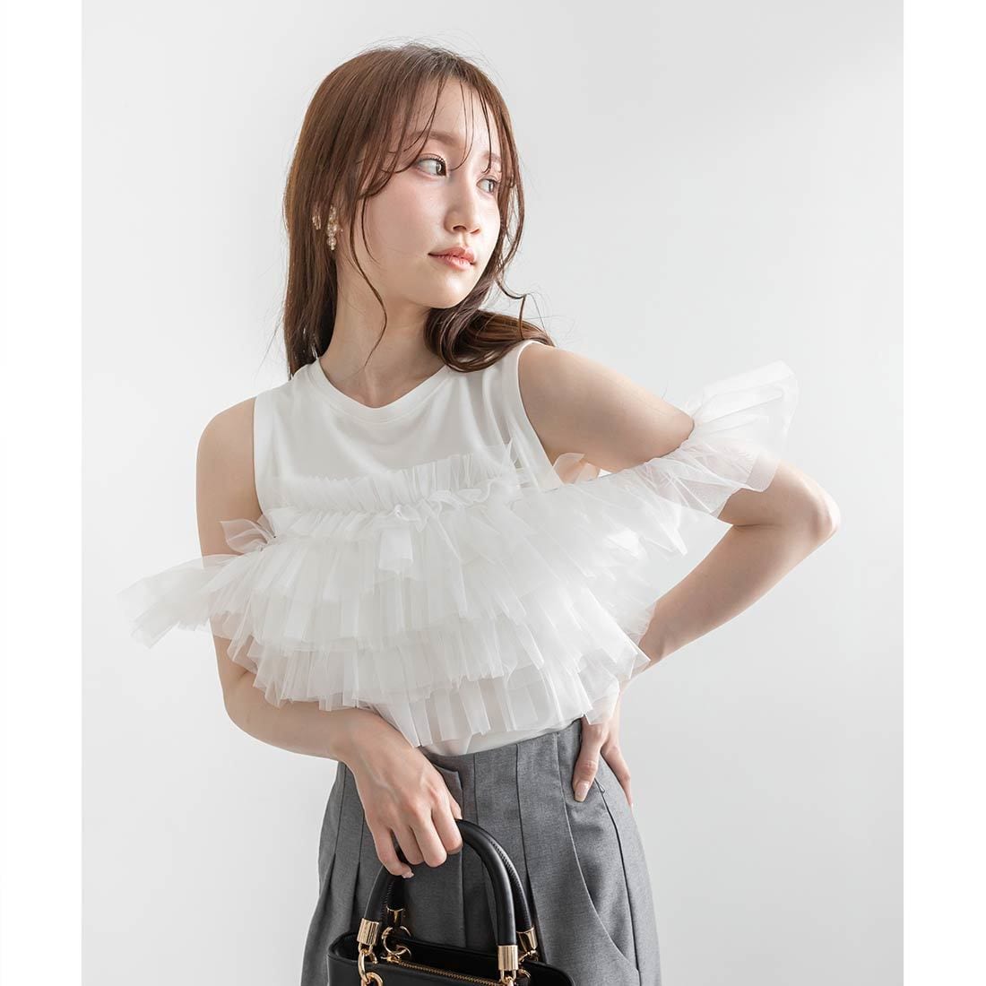 ランダ RANDA  フリルチュールドッキングカットソー （BLACK） ランダ RANDA フリルチュールドッキングカットソー （BLACK