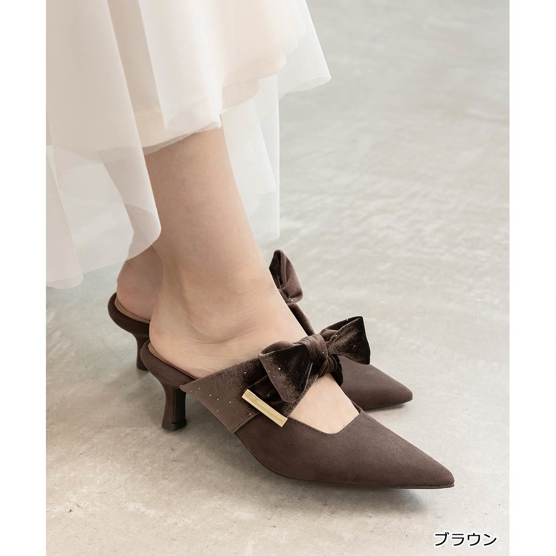 【新品未使用】RANDA ベロアリボンミュールパンプス 25秋冬新作＞【22.5-25.5】ビッグベロアリボンミュールパンプス