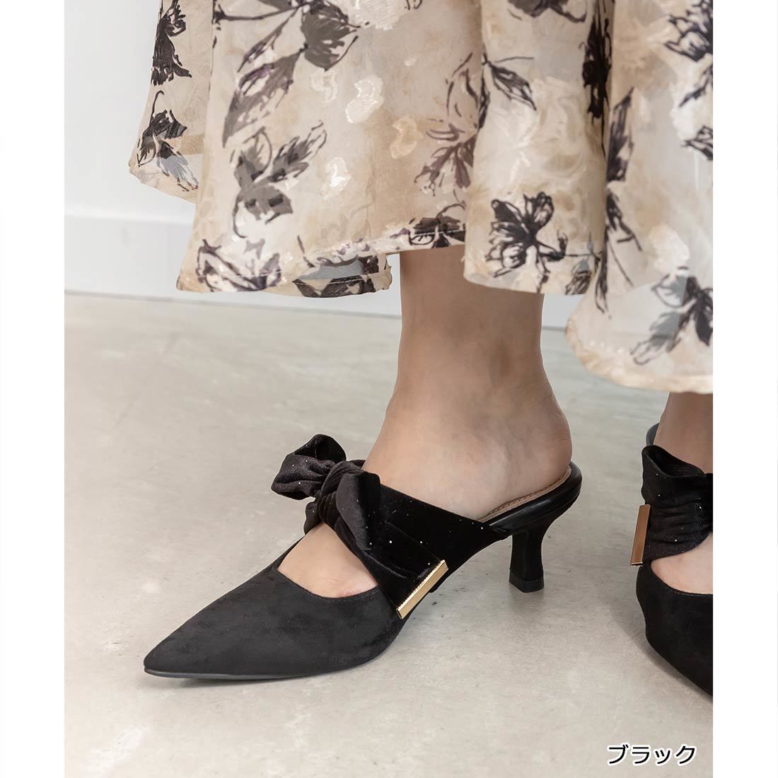 25秋冬新作＞【22.5-25.5】ビッグベロアリボンミュールパンプス