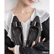 ランダ(RANDA)の＜25秋冬新作＞【22-25.5】コンビマテリアルリボンフラットパンプス
