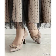 【22-25.5】【走れる美脚パンプス】コンビマテリアルリボンフィットパンプス