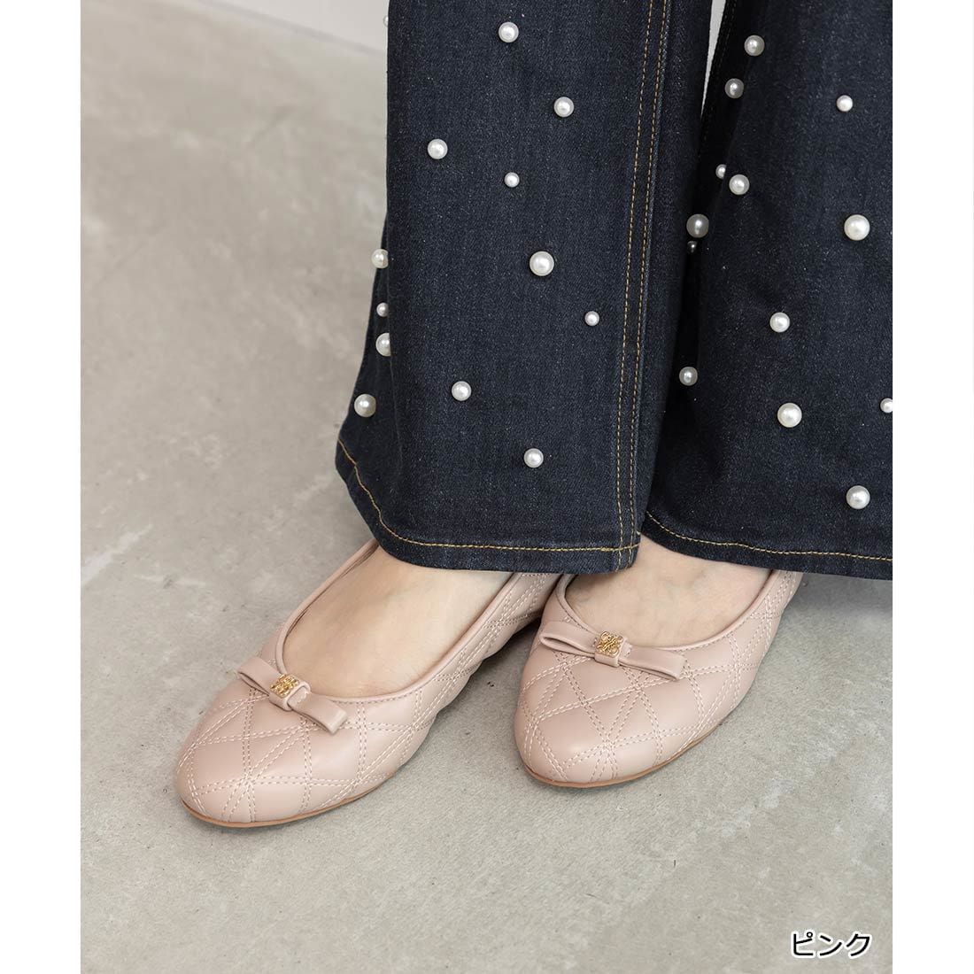 【22-25.5】キルティングラウンドトゥフラットパンプス