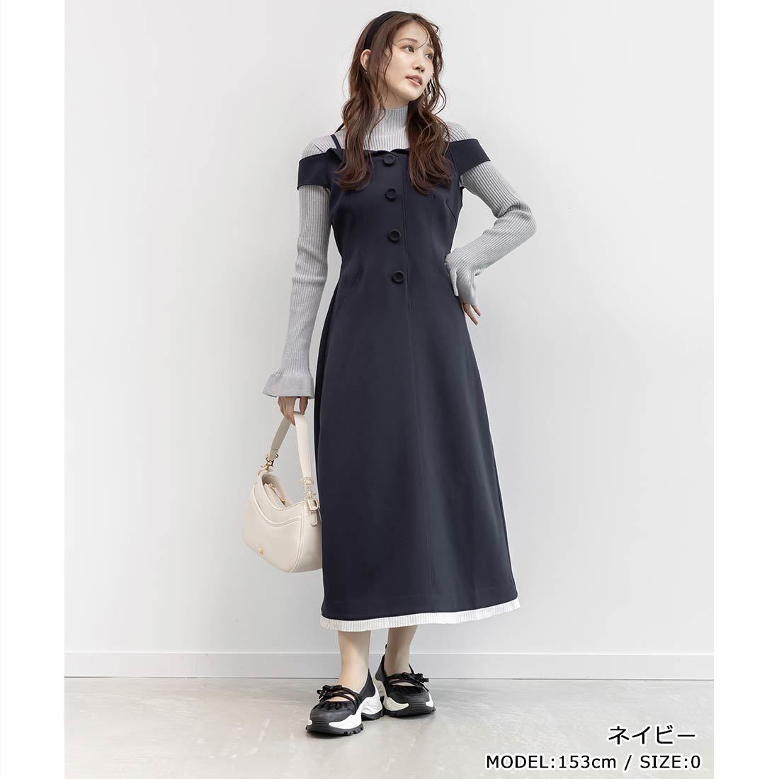 RANDA ジャケットライクプリーツレイヤードワンピース　ネイビー RANDA ワンピース 「4サイズ展開」ジャケットライクプリーツ