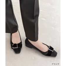 【22-25.5】ビジューバックルベルトフラットパンプス