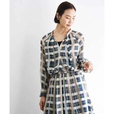[セットアップ対応]チェック柄細めリボンスキッパーブラウス