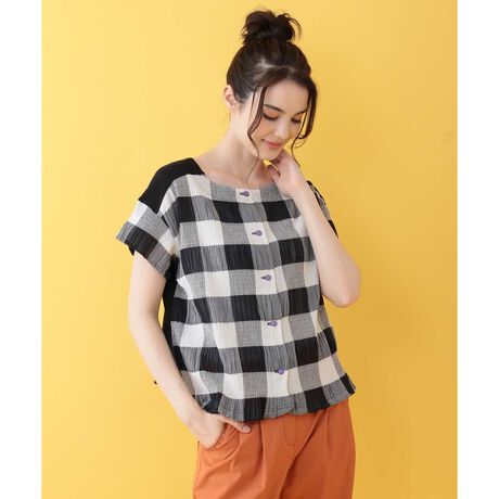 2WAY】ビッグチェックブルーゼTシャツブラウス | ホコモモラ 