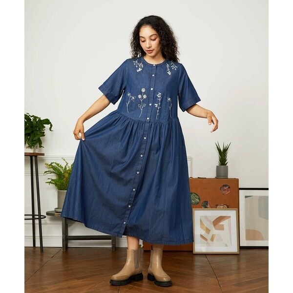 千鳥チェック フラワー刺繍シャツワンピース | ホコモモラ(JOCOMOMOLA