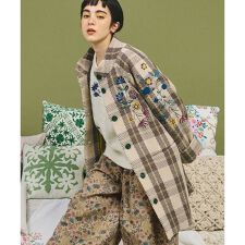 Calle de Bordadores チェック×フラワー刺繍コート