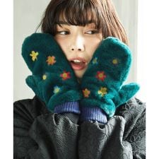 フラワー刺繍フェイクファーミトン