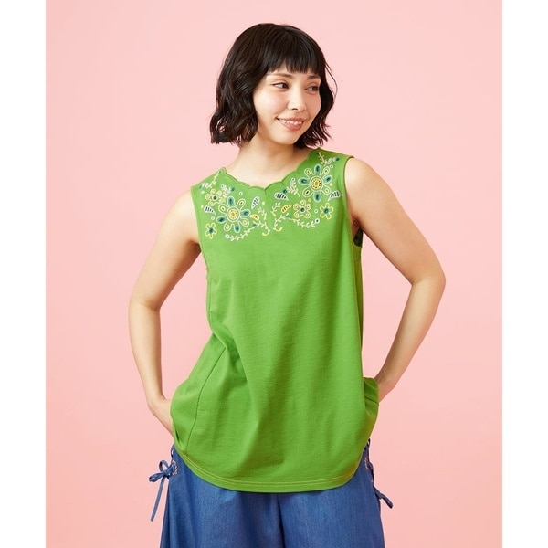 ★美品★ガリアーノ　七分袖カットソー　モスグリーン　総刺繍　インポート Rosa salmon フラワー総刺繍ノースリーブワンピース(ワンピース