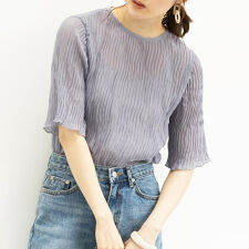５分袖シフォンプリーツブラウス