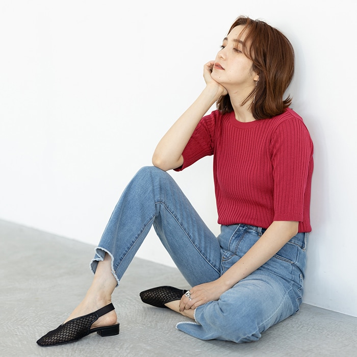 ５分袖上品リブニット