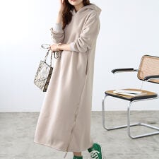 裏起毛裾ファスナーロングパーカーワンピース