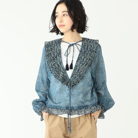 BEAMS BOY ／ ストライプシフォン フラワープリント ブラウス 