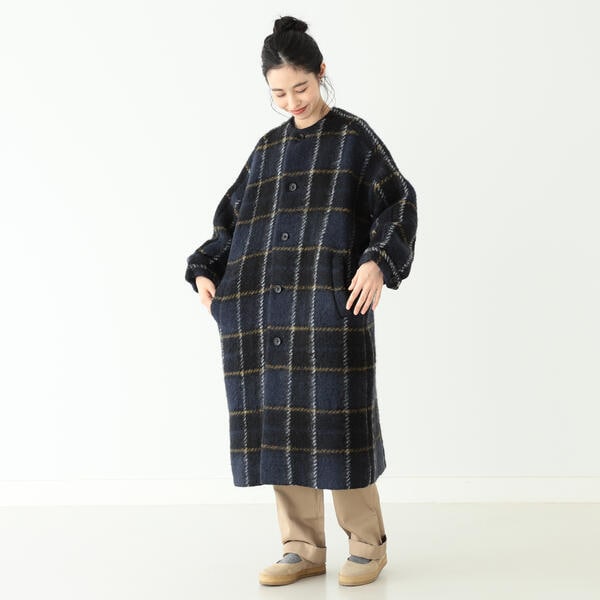 BEAMS BOY ／ スライバー タータンチェック ノーカラー コート