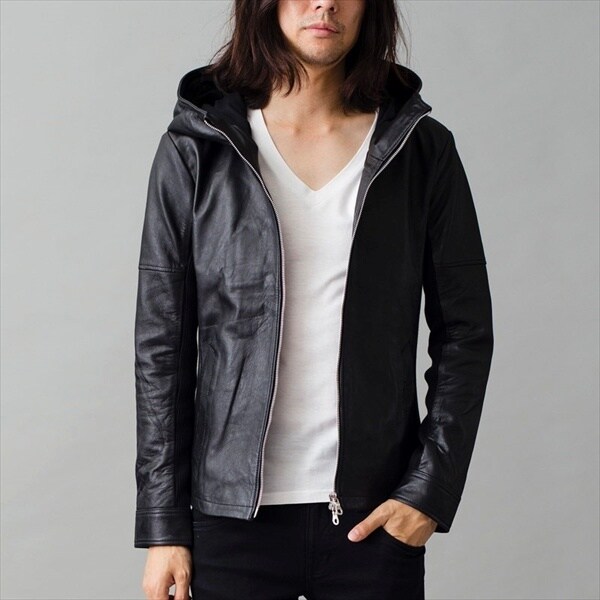 極美品 NO ID. ラムバフィングフーデッドBLZ レザージャケット ブラック ラムバフィングフーデッドBLZ | ノーアイディー(NO ID