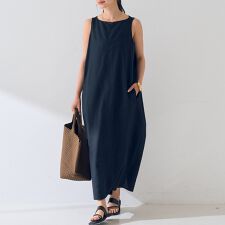 麻混ノースリーブ 後ろタックワンピース