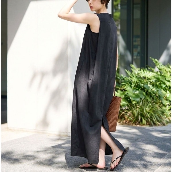 2サイズ展開】【定番人気】麻混ノースリーブVネックワンピース