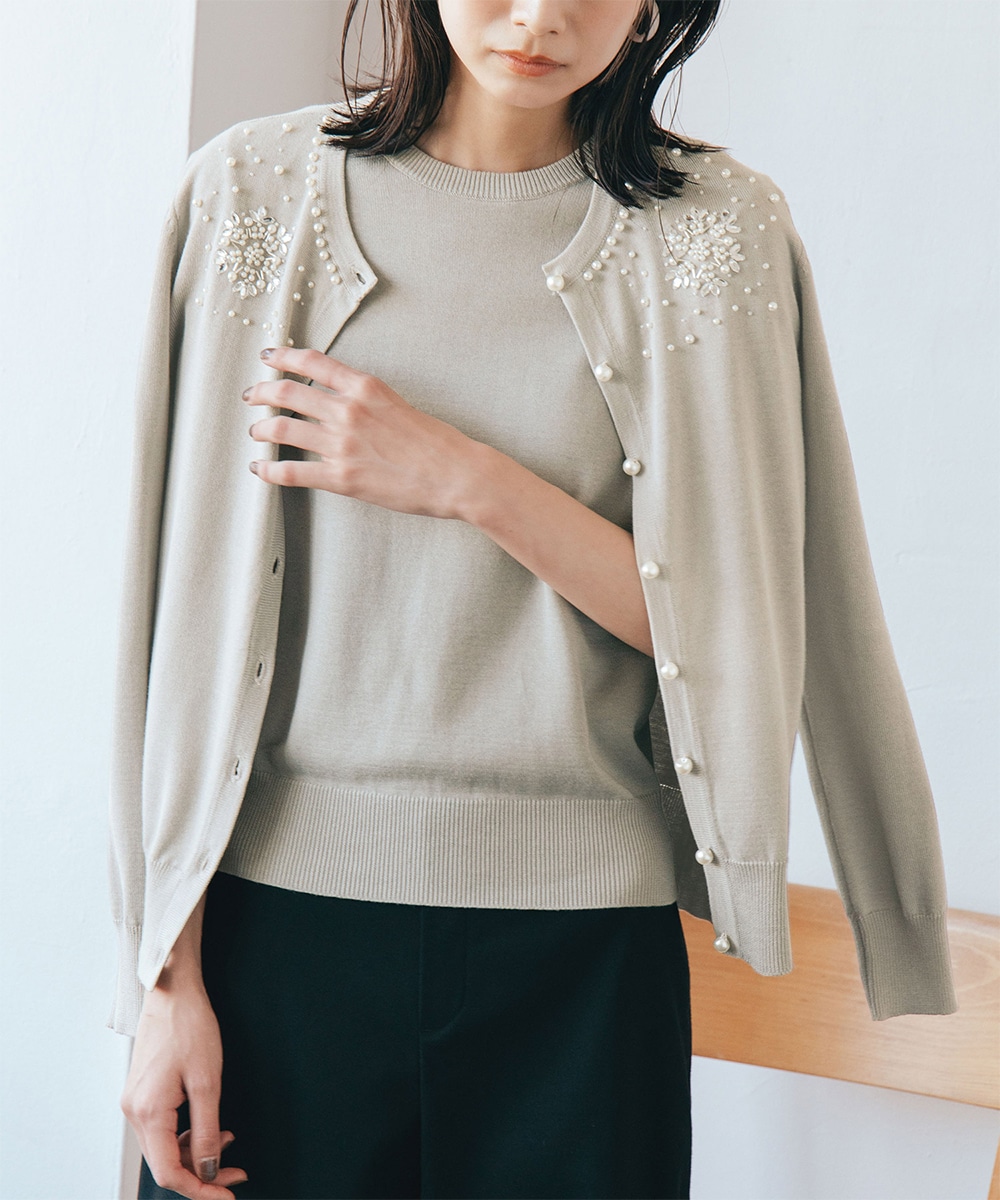 アンサンブル対応]ビジュー刺繍シアー7分袖ニット | ジョルジュ