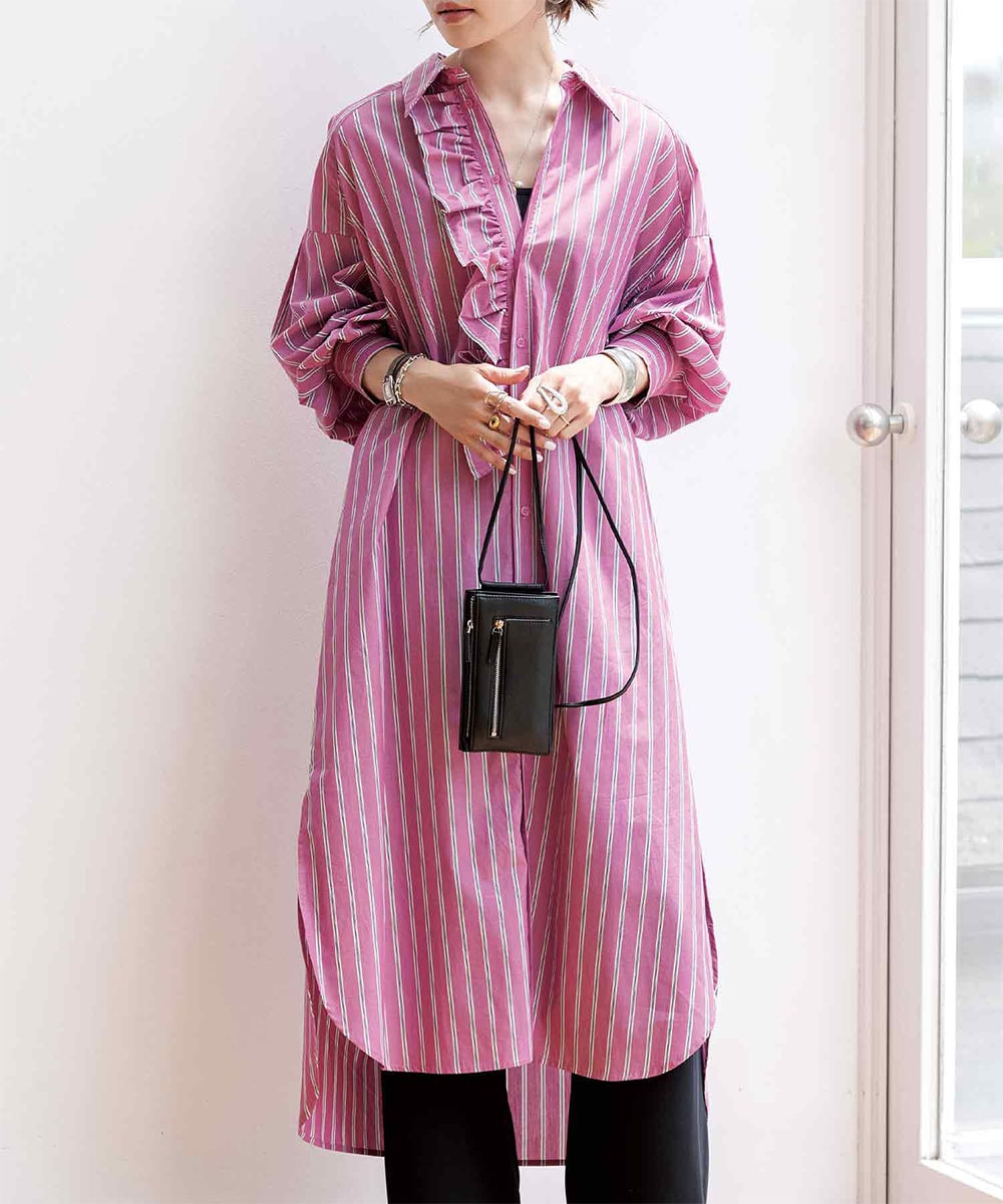 ★MOLLIES STUDIO★ストライプ ワンピース ロングシャツ ピンク ストライプロングシャツワンピース【8c-831-02420】