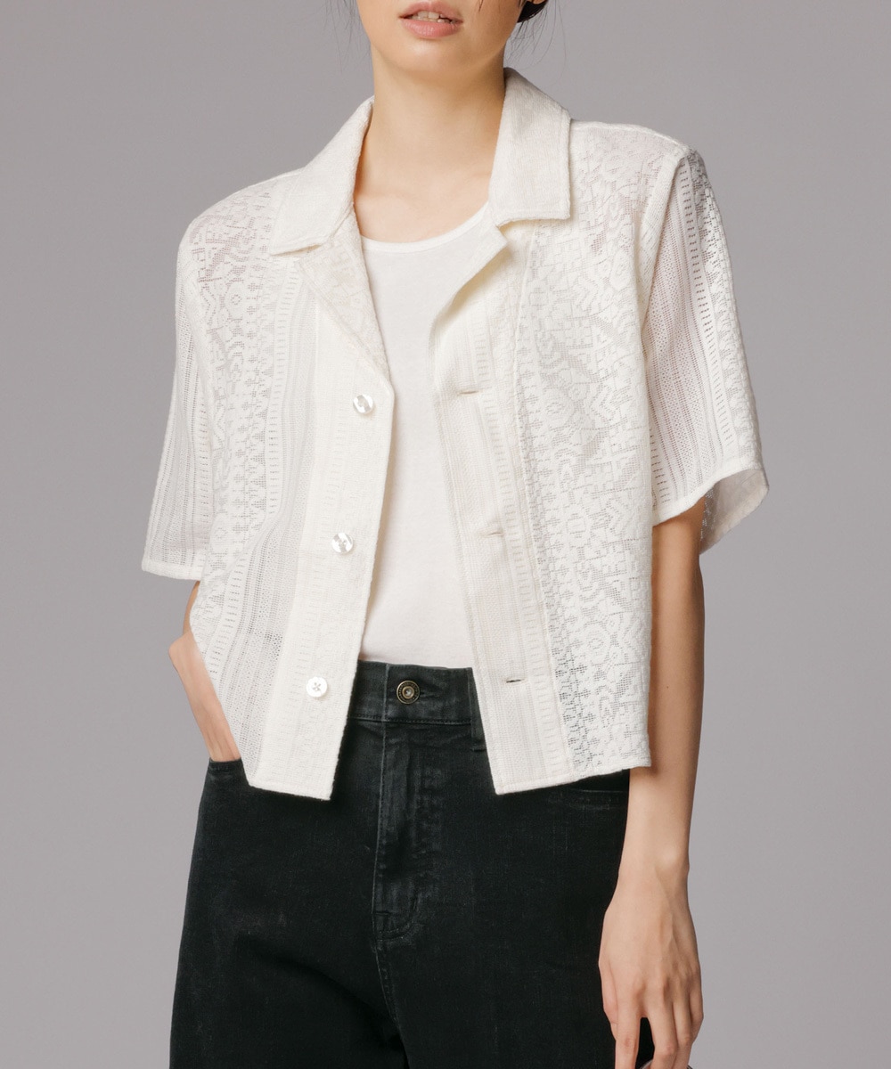 15～19号]コットンローンワッシャーフラワーヘミング刺繍シャツ