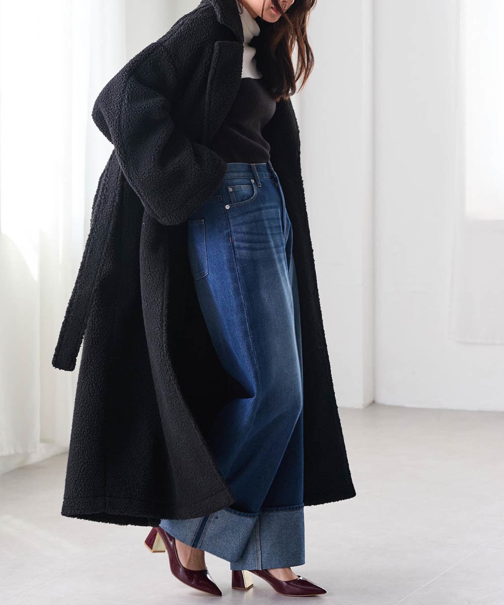 イヴサンローラン ムートン レザー ボア ロングコート 青 sankyo shokai（三京商会） OLIVIERI ［オリヴィエリ］ シェアード