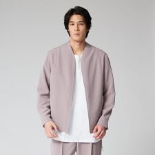 【セットアップ対応】ストレッチ ノーカラー Vネック オーバーサイズ シャツジャ