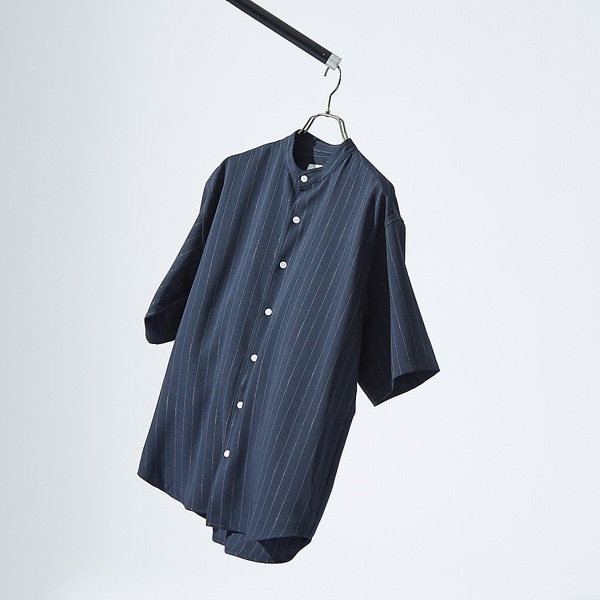 コットン リネン ストライプ 刺繍 バンドカラー シャツ | アバハウス