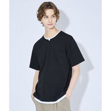 キーネック カノコ半袖Tシャツ / フェイクレイヤード